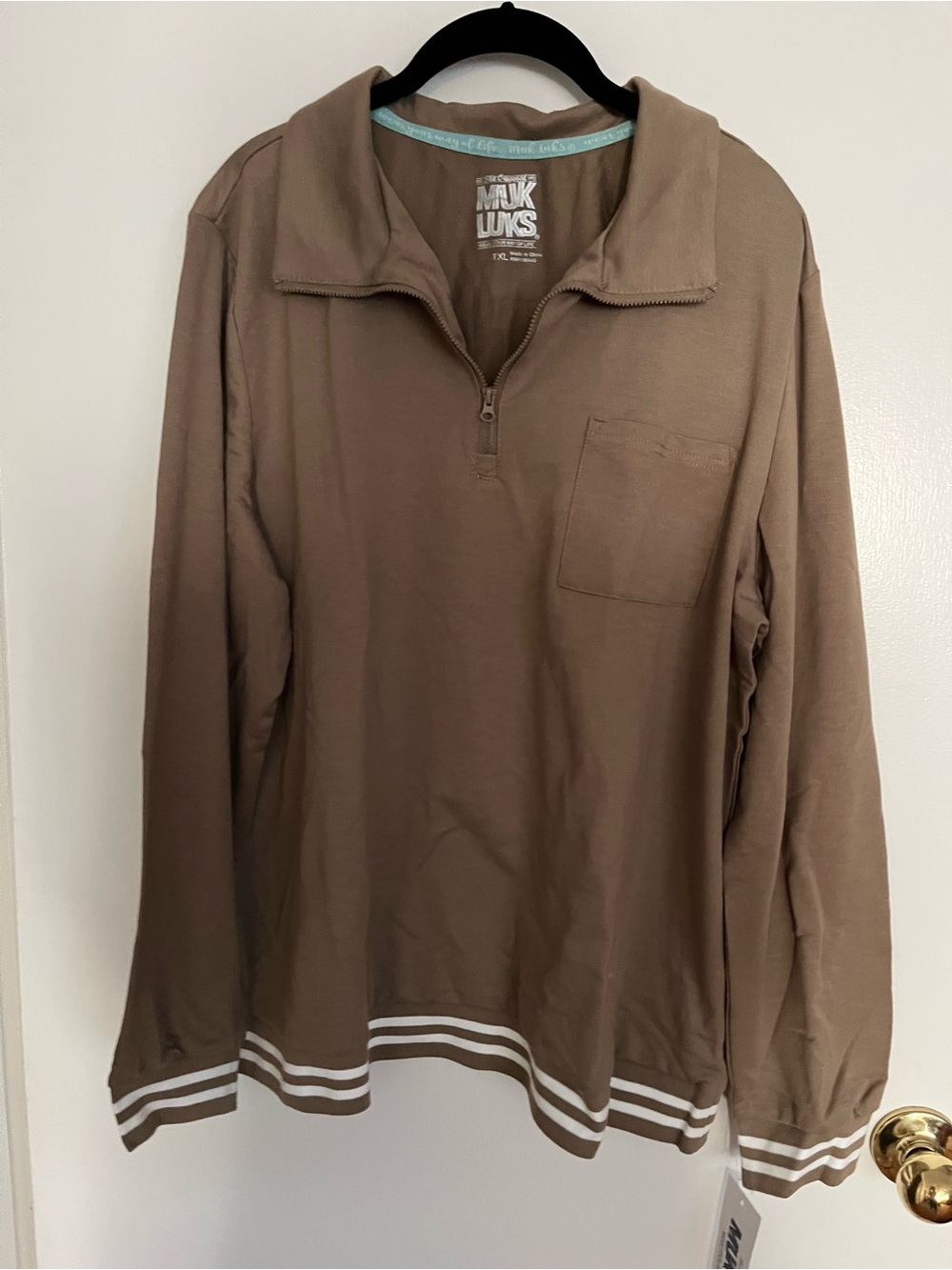 Muk Luks Women's Tracksuit Zip-Up Pullover with Pants- Brown with White Trim